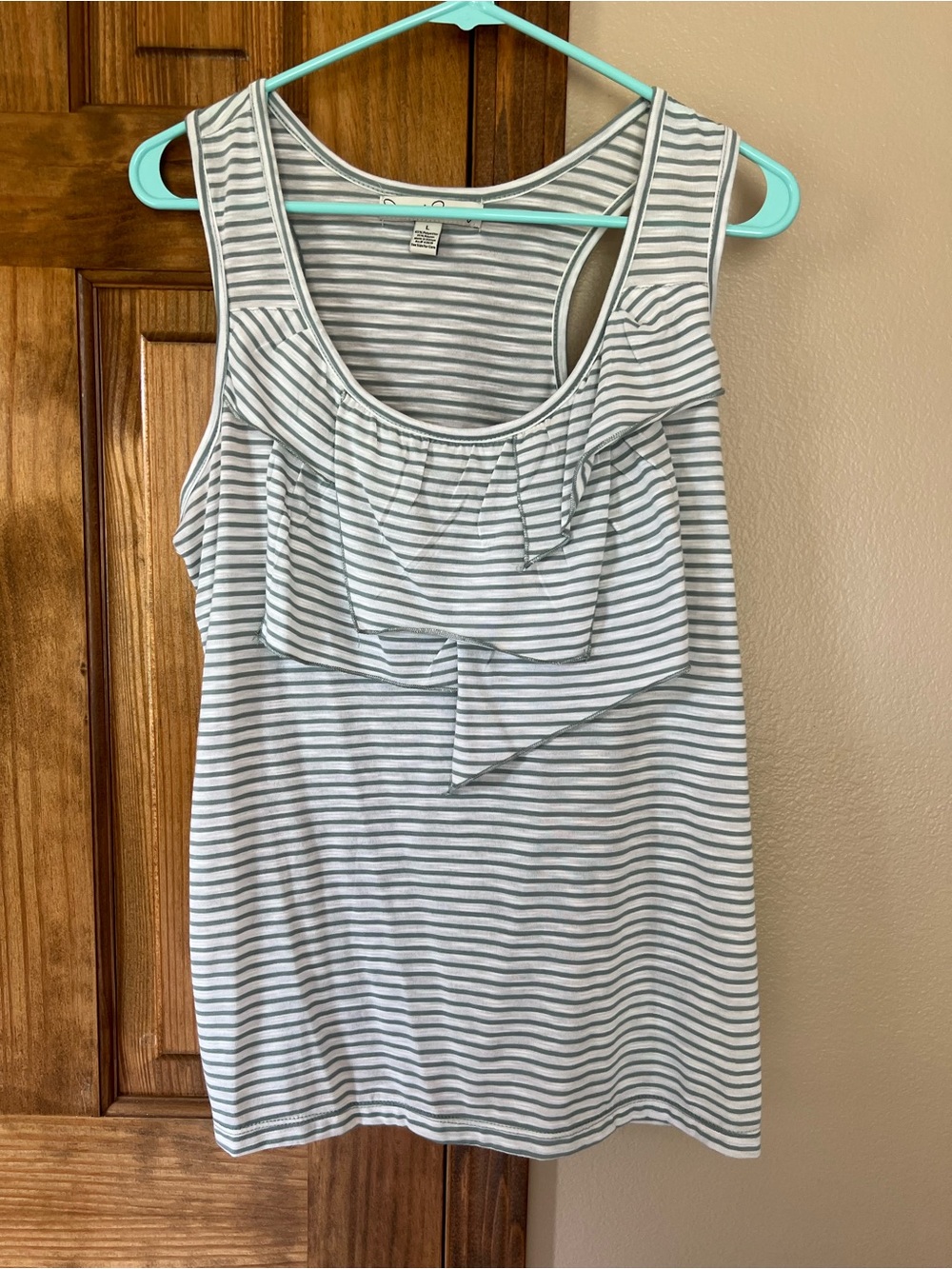 Striped Ruffle Tank Top Blouse in White and Light Gray Green